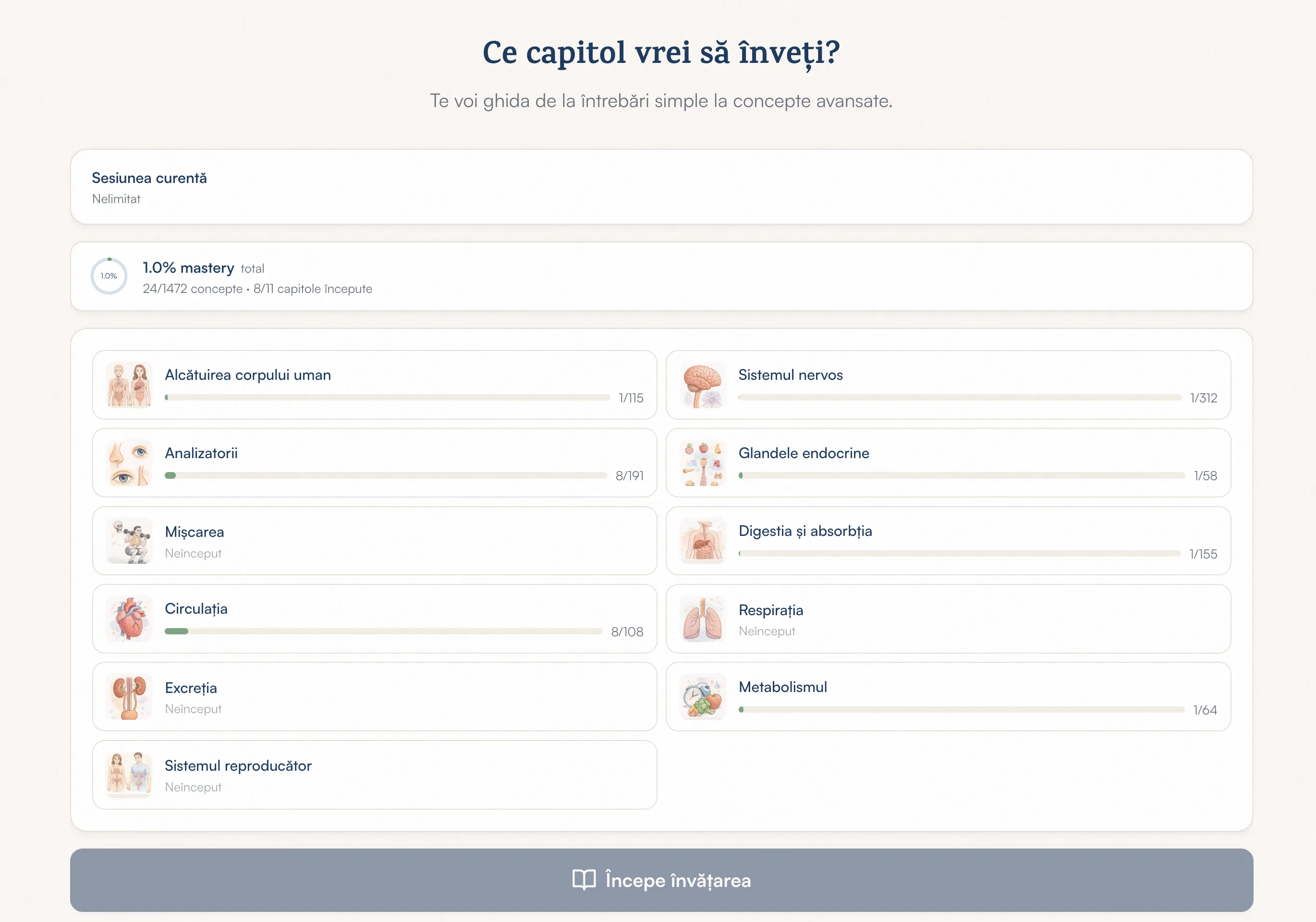 Captură de ecran Învățare — Partenerul tău de studiu care te ghidează pas cu pas.